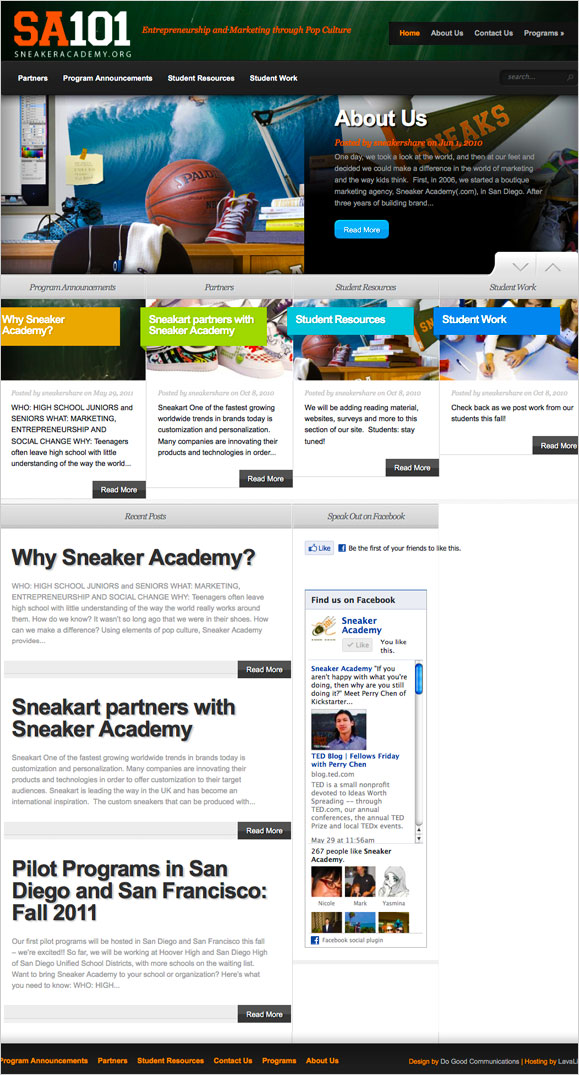 The homepage for the non-profit organization, Sneaker Academy.