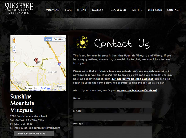 The contact page for Sunshine Mountain Vineyard