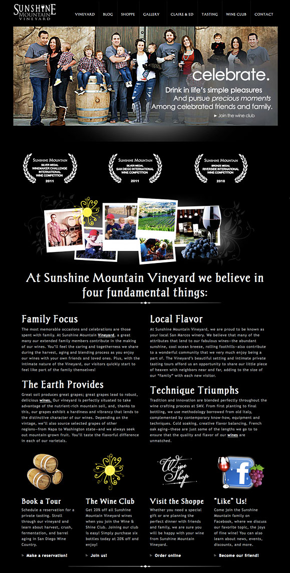 The homepage for Sunshine Mountain Vineyard.