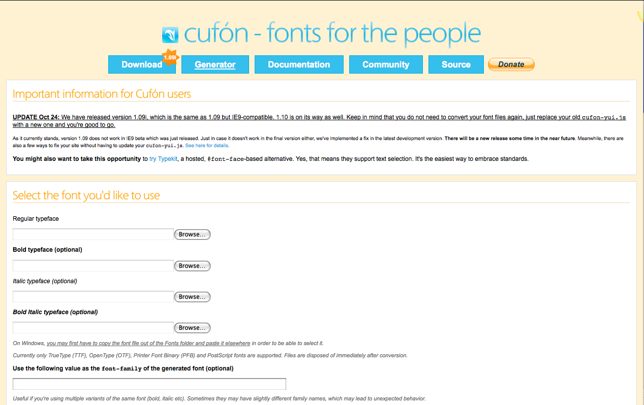 Choose a cufon font to upload to your WordPress site.